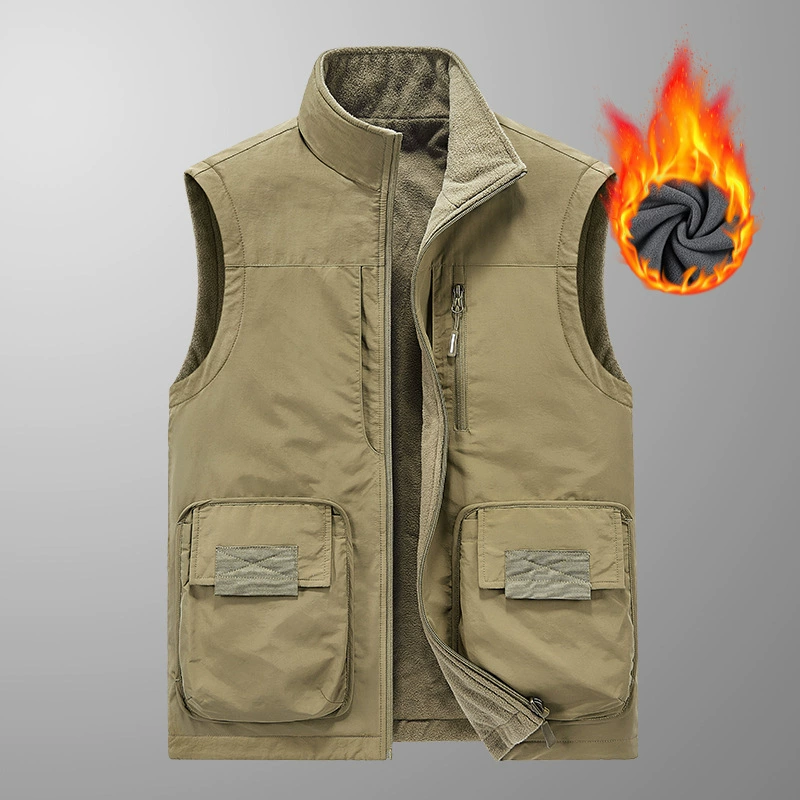 Утолщенный двусторонний жилет на флисовой подкладке, мужской осенне-зимний Повседневный жилет с несколькими карманами, Мужская одежда для фотосъемки и рыбалки на открытом воздухе