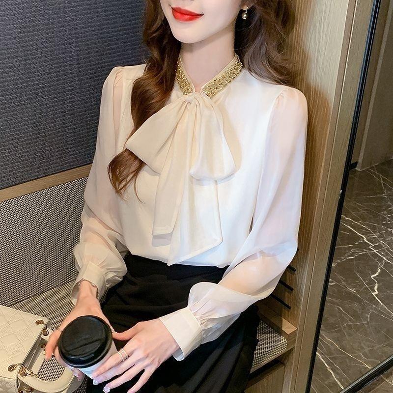 French-Style Sequin Bow Shirt for Women, 2026 New Spring Collection, Stunning Blouse in Apricot Chiffon