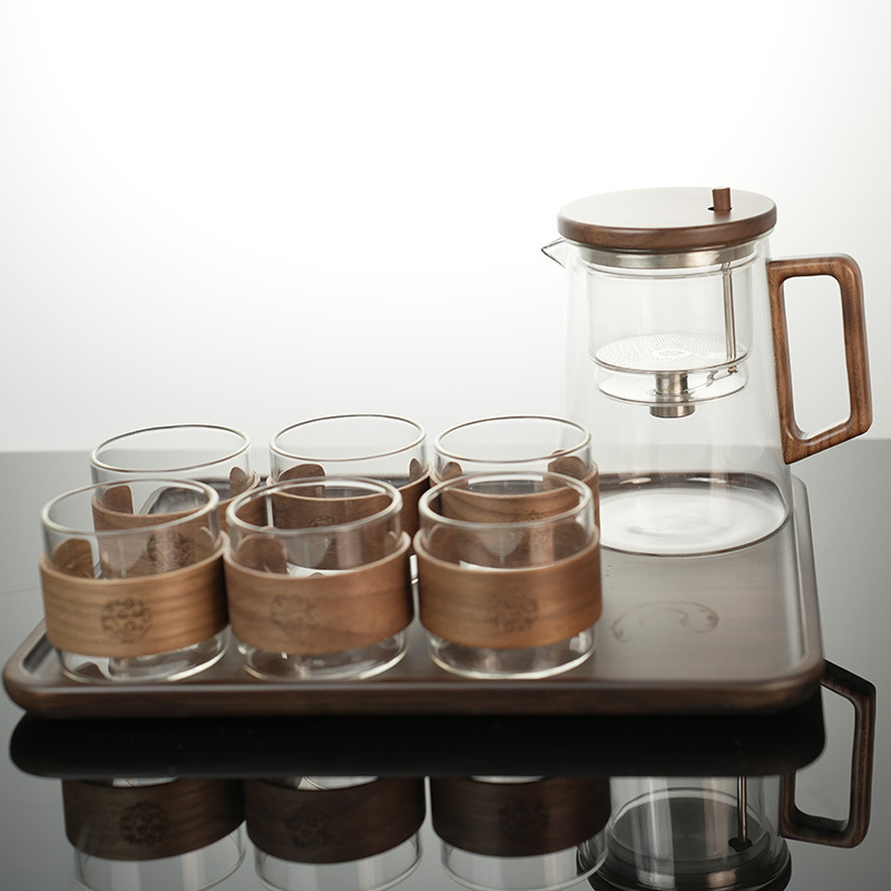 Piaoyi taza tetera filtro de un solo clic nogal resistente a altas temperaturas revestimiento de vidrio completo taza de separación de té juego de té de alta gama
