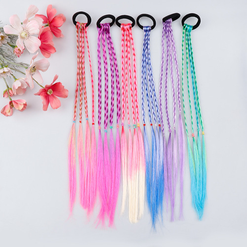 Children's wig for girls, ponytail fluorescent colored synthetic small braids, dance street dance hair tie small braids ponytail