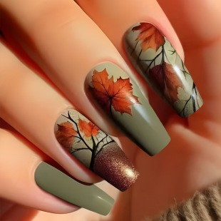 Medium Glossy Square Nails, Retro Wearable Nails, European and American Popular Maple Leaf Fake Nails, 24 Pieces of Fakenails