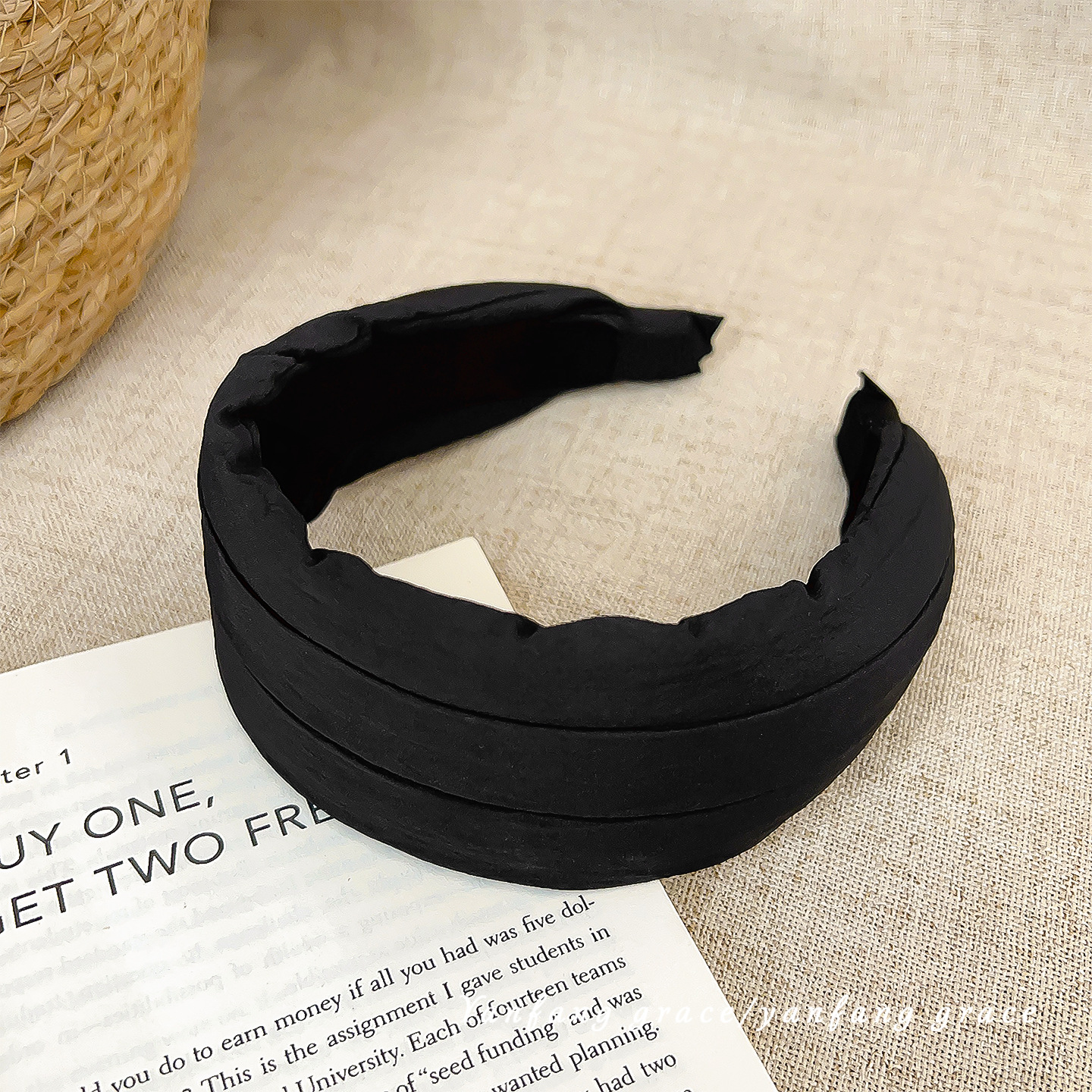 Black crinkled trench coat fabric wide headband