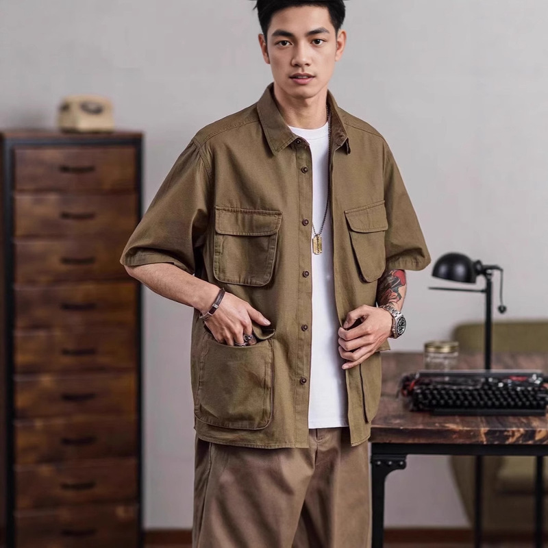 Workwear Japanese Retro Short-Sleeve Shirt for Men, Thin Cotton Multi-Pocket Casual Outerwear Shirt, Stylish Chic Jacket