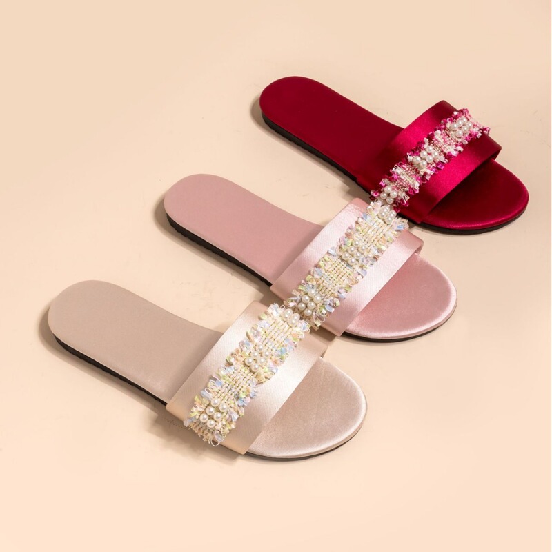 New Wedding Bridesmaid Slippers Women's Bow Wedding Satin Red Slippers Wedding Bridal Morning Gown Matching Shoes Women