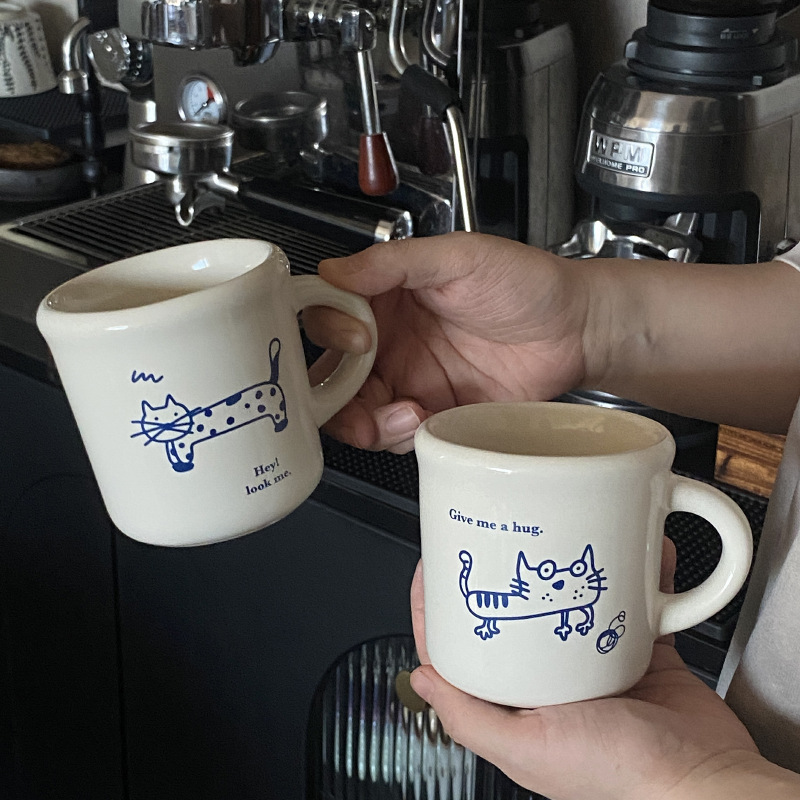 韩ins 小众抽象涂鸦小猫陶瓷马克杯 设计感白色酸奶杯水杯情侣杯|undefined