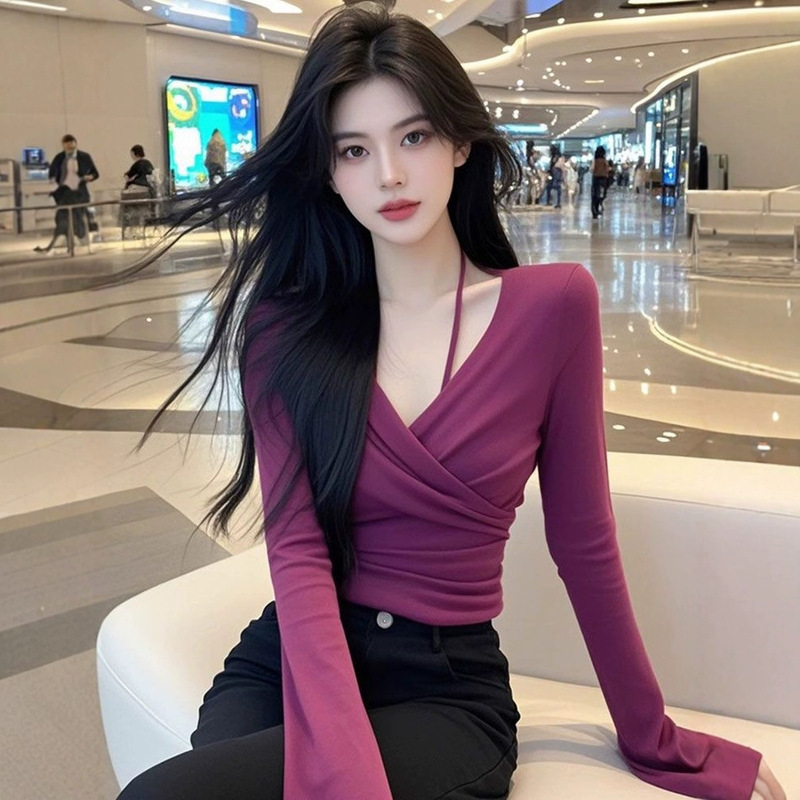 Cross-border 2025 TikTok Quality Pure Desire V-neck Cross Long Sleeve T-shirt Women's Temperament Neck Base Shirt Spice Top Cross-border 2025 TikTok Quality Pure Desire V-neck Cross Long Sleeve T-shirt Women's Temperament Neck Base Shirt Spice Top
