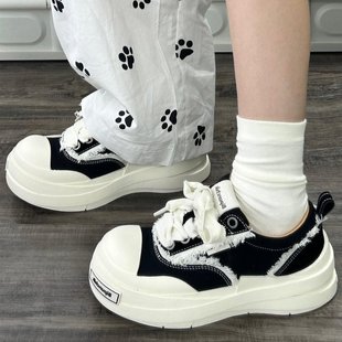 Canvas Shoes with Bandage, Black and White Couple Style, Large-Toe Shoes, Chinese Trend Thick-Soled Shoes for Men and Women, Trendy Versatile Height-Increasing Sneakers