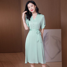 夏季新款真丝连衣裙时尚v领系带纯色大牌桑蚕丝A字裙减龄连衣裙