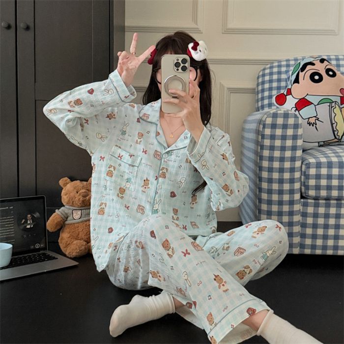 Al por mayor transfronterizo primavera y otoño nuevo pijama de mujer nubes de algodón con solapa cardigan de manga larga pantalones dulces set de ropa para el hogar
