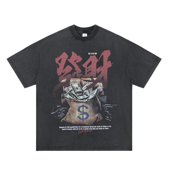 Lanhai Men's 2025 Summer New Fashion Brand Original National Fashion Street vintage Fortune Printing Crewneck Short-sleeved T-shirt