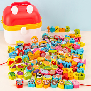 Wooden geometric shape digital traffic animal cognitive matching block children's beaded rope educational toy
