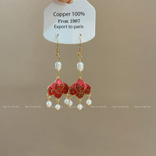 时尚新中式珐琅滴油珍珠花朵耳环小众复古高级感汉服旗袍配饰耳坠