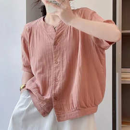 短袖单排扣纯色棉纱衬衫2024夏季新款V领短袖衬衫女装