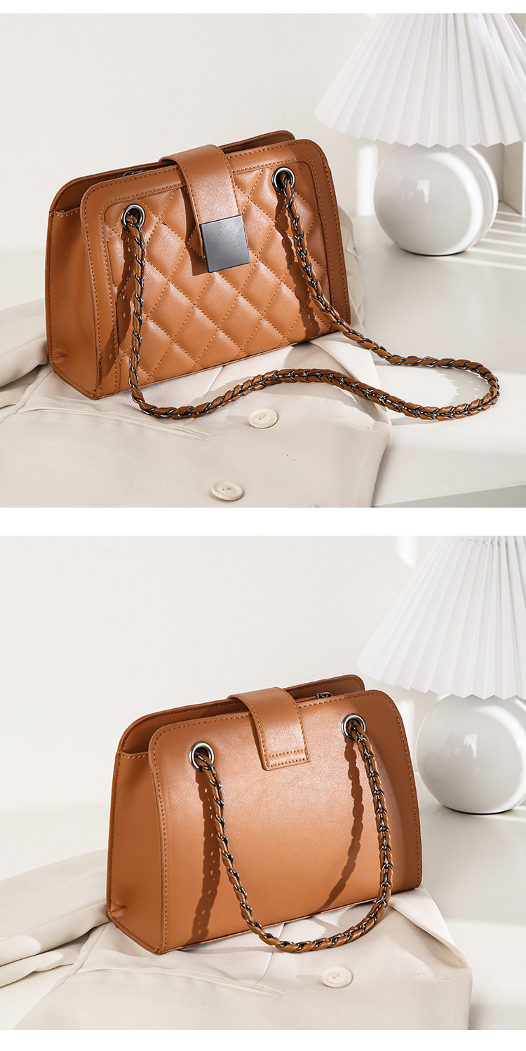 Pu Leather Material Women's Medium Pu Leather Solid Color Lingge Elegant Classic Style Zipper Shoulder Bag