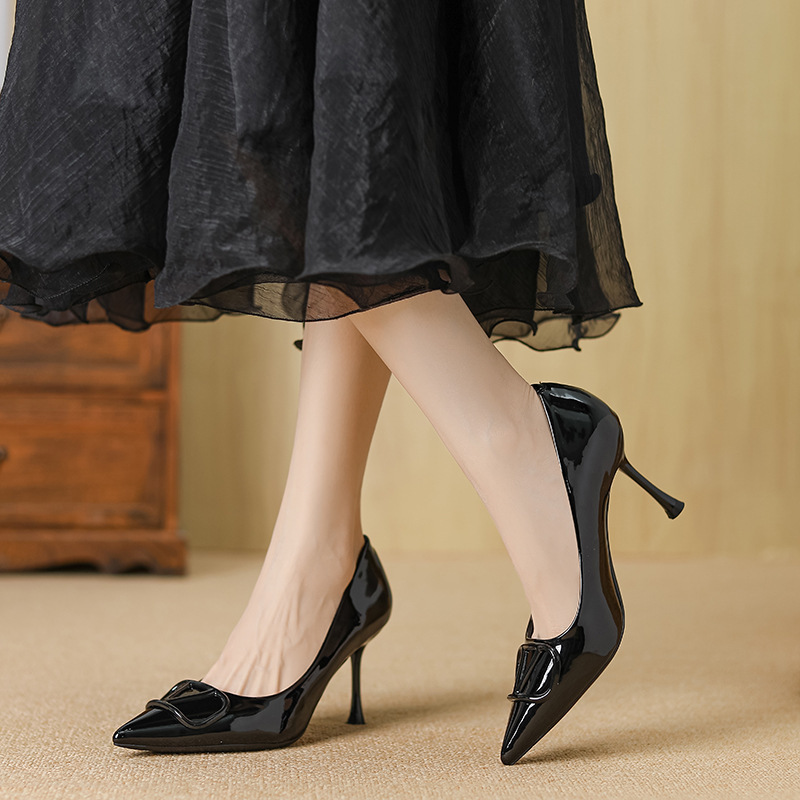 G8288-191 European and American Simple High-Heeled Glossy Patent Leather Shallow Mouth Pointed Toe Sexy Slim Professional Ol High-Heeled Shoes for Women