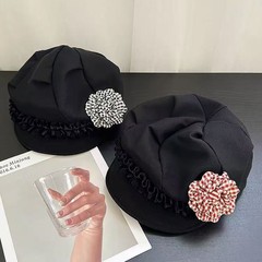 春季新款透气亚麻花朵褶皱云朵帽子女春秋薄款文艺大头围报童帽