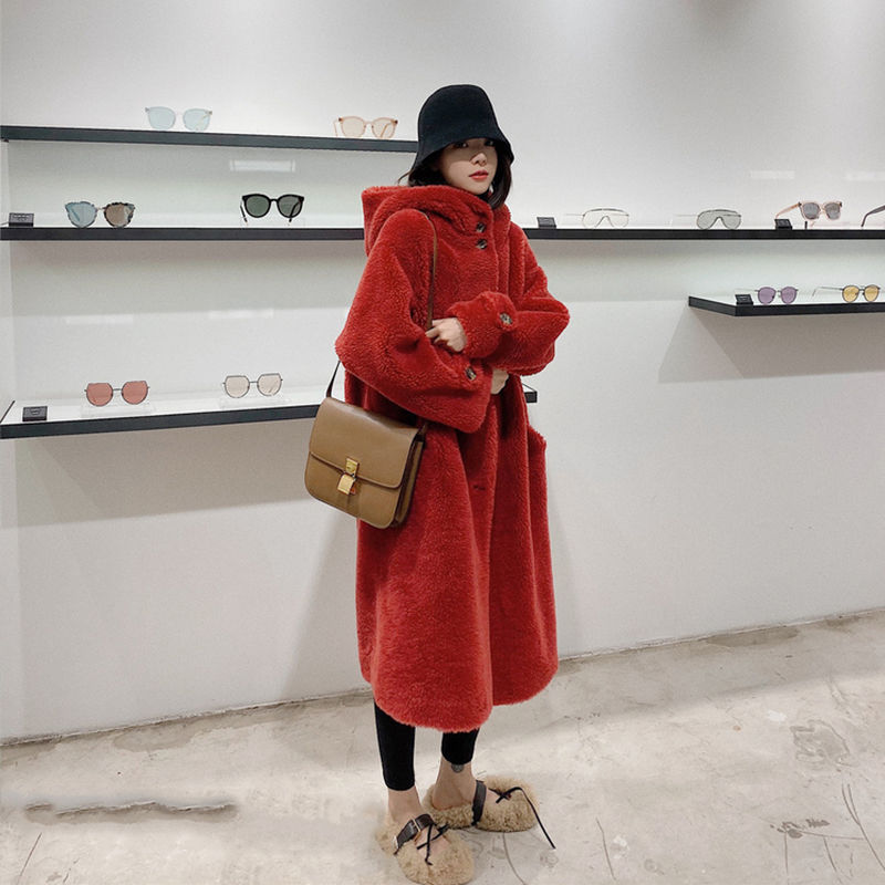 2025 100% Lambswool Hooded Over-The-Knee Long Haining Fur Coat with Thickened and Warm Grain Velvet Fur