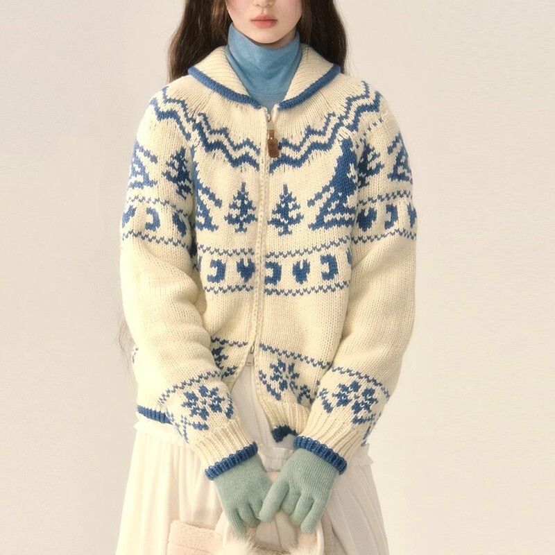 Winter Ski Original Nordic Vintage Fairisland Christmas Tree Sweater Loose Knit Cardigan Jacket