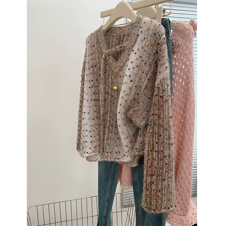 Super Nice Colorful Dot V-Neck Knitwear for Women in Autumn and Winter Plus Size Fat mm Unique and Beautiful Short Knitwear Top