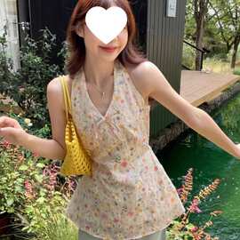 挂脖绑带绣花背心碎花衬衫女装2025夏季新款韩版气质洋气无袖上衣