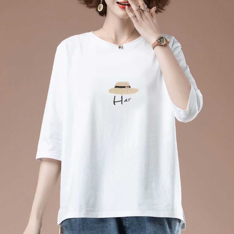 貿易輸出 綿100% 七分袖Tシャツ ゆったりお腹カバー 五分袖 洋風 春夏 大きいサイズ レディース トップス|undefined