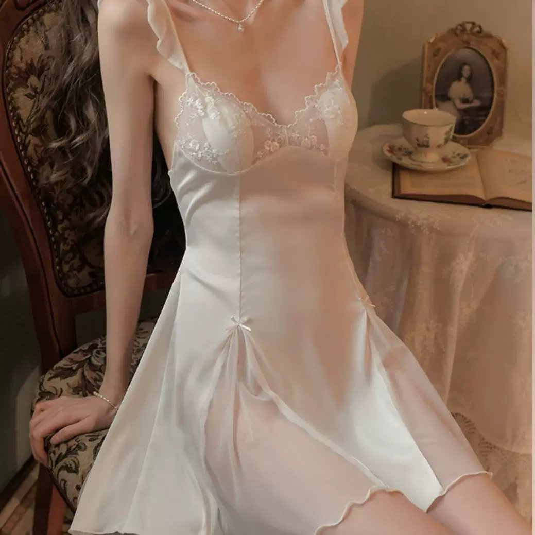 性感睡衣女夏天纯欲风冰丝薄款带胸垫网纱透视蕾丝吊带睡裙居家服