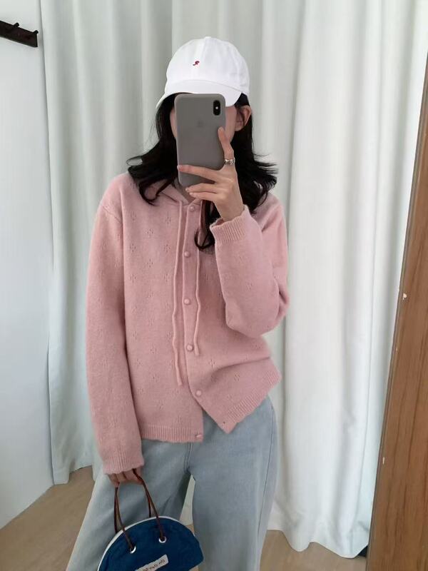 韩系外贸新款抽绳连帽单排扣镂空设计感宽松软糯休闲外套开衫女|undefined