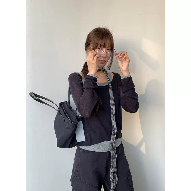 木兰 基础款撞色假两件针织衫女2025十三行秋季新款亲肤上衣56066
