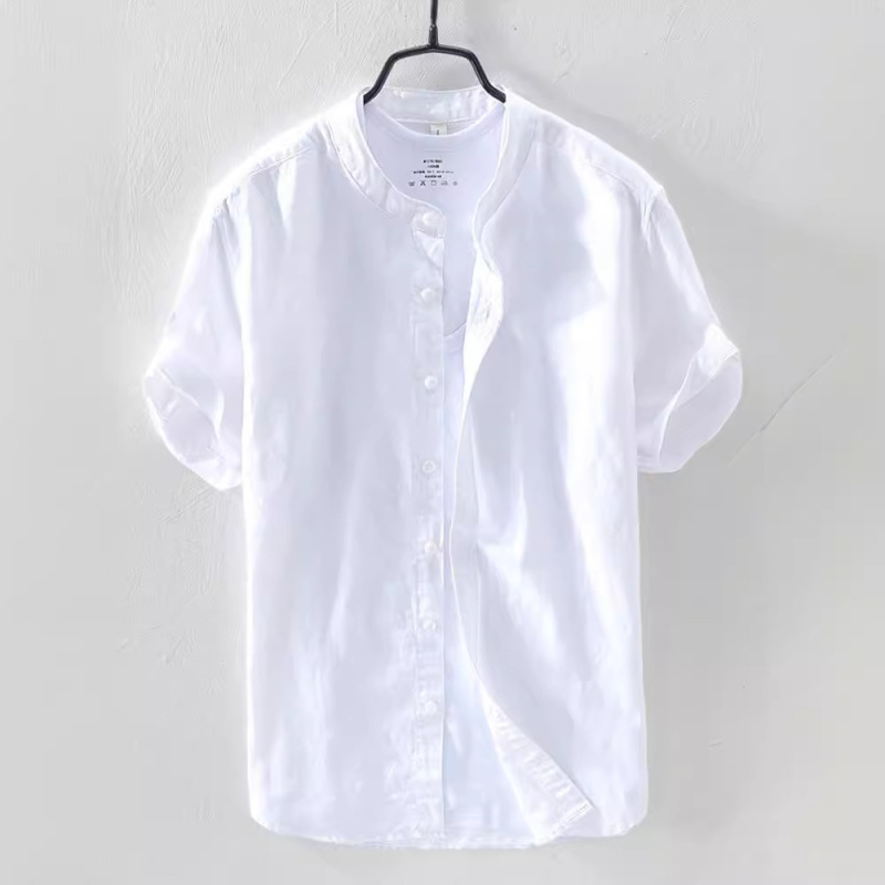 Chinese Style Cotton and Linen Thin Shirt 2026 Summer Men's Linen Solid Color Stand Collar Single-Breasted Short-Sleeve Shirt Wholesale Chinese Style Cotton and Linen Thin Shirt 2026 Summer Men's Linen Solid Color Stand Collar Single-Breasted Short-Sleeve Shirt Wholesale