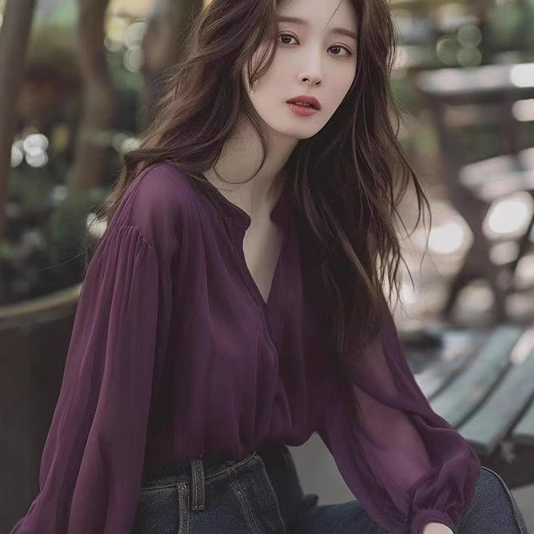 紫色V领衬衫女春新款长袖气质高端显瘦衬衣独特设计感别致上衣