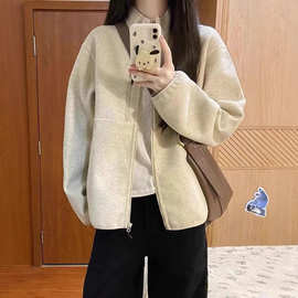 美式复古毛呢夹克女春秋季2024新款宽松休闲百搭立领卫衣开衫外套
