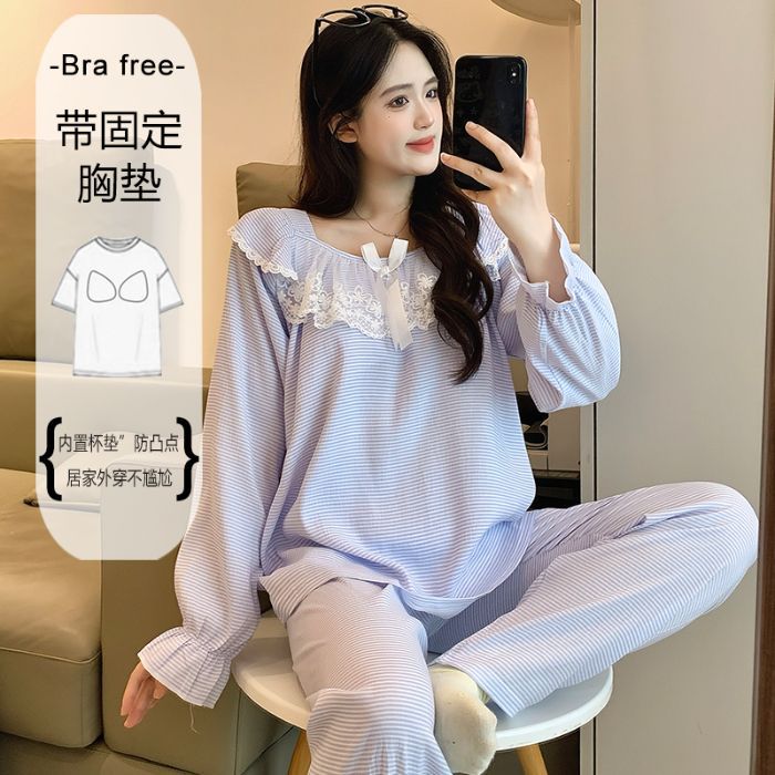 Al por mayor transfronterizo primavera y otoño nuevo pijama de mujer nube de algodón encaje cuello redondo hoodie mangas largas pantalones largos con cojín de pecho ropa para el hogar image 12