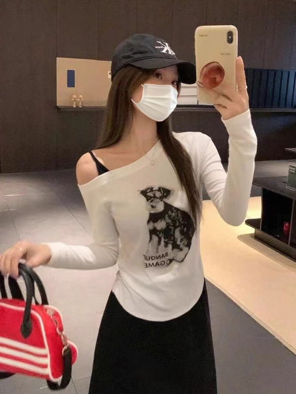 春秋季新款卡通小狗字母印花休闲百搭斜领吊带露肩辣妹长袖上衣女|undefined