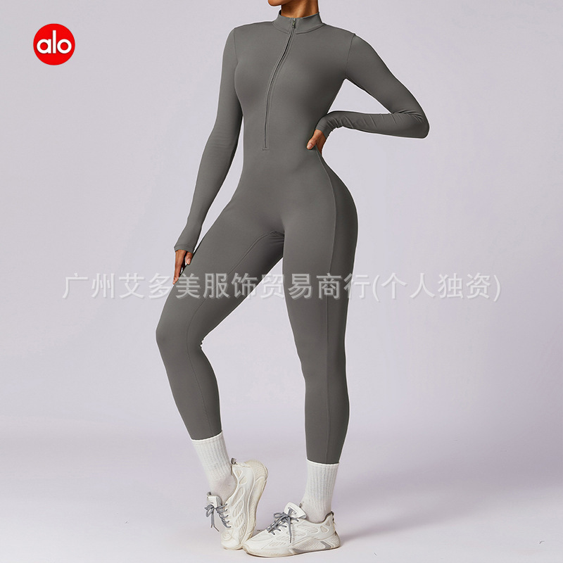 alo跨境欧美拉链裸感长袖瑜伽连体服高强度健身运动连体紧身衣|undefined