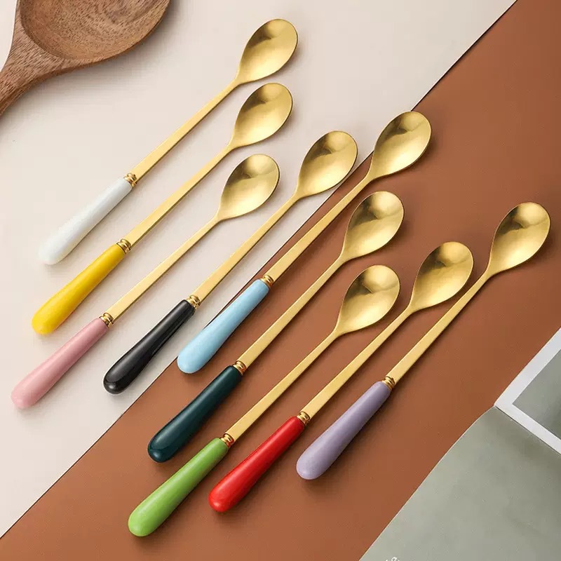 Cucchiaini creativi per gelato e caffè, cucchiaini in acciaio inossidabile e ceramica dai colori vivaci._voghion.com