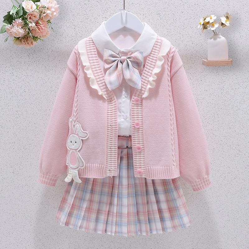 Girls Jk College Suit 2025 New Children's Knitted Cardigan Shirt Pleated Skirt Girls Three-Piece Set