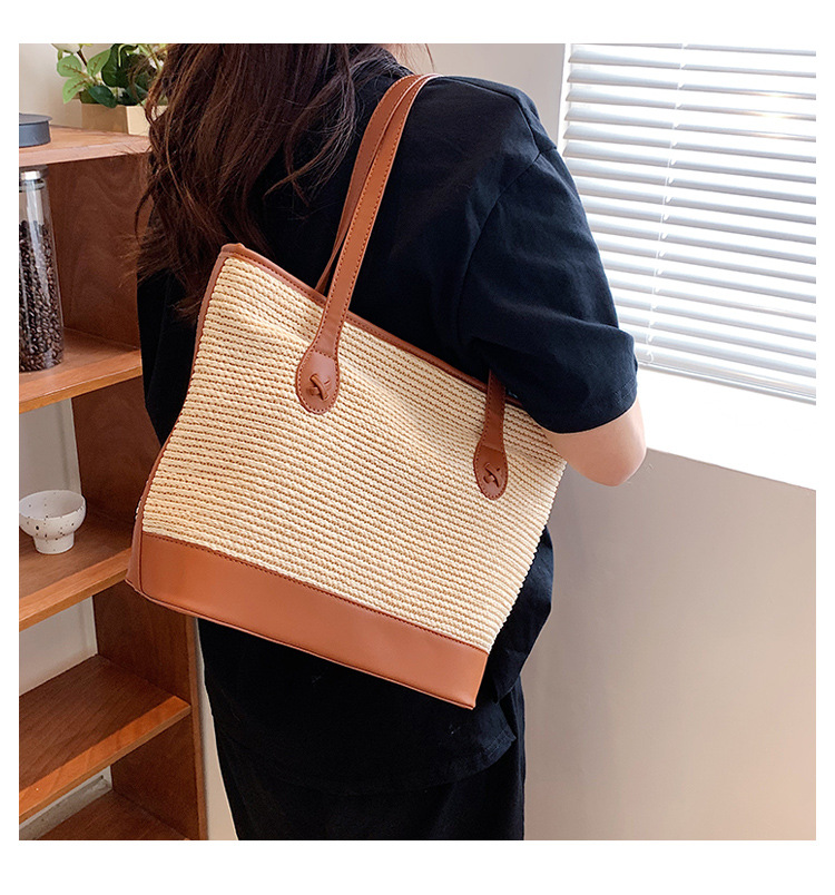 Women's Vacation Fashion Color Block Zipper Shoulder Bag Tote Bag Pu Leather Straw Shoulder Bags display picture 4