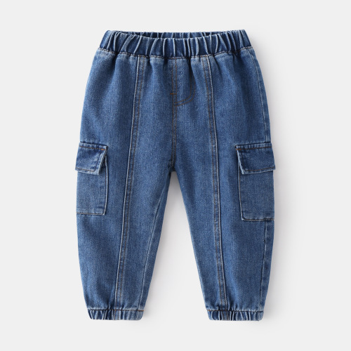 New spring boys' denim trousers, casual cotton soft trousers, Korean style trendy mid-waist monochrome children's trousers