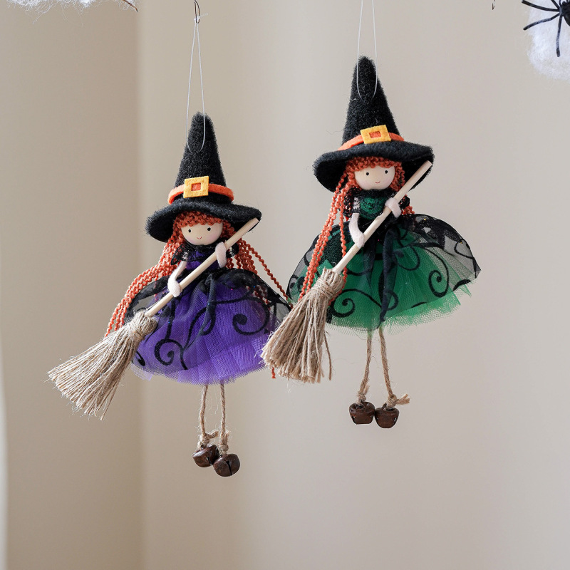 国境を越えた新しいハロウィン装飾メッシュほうきガールエンジェルペンダントベル吊り人形クリスマスツリー装飾|undefined