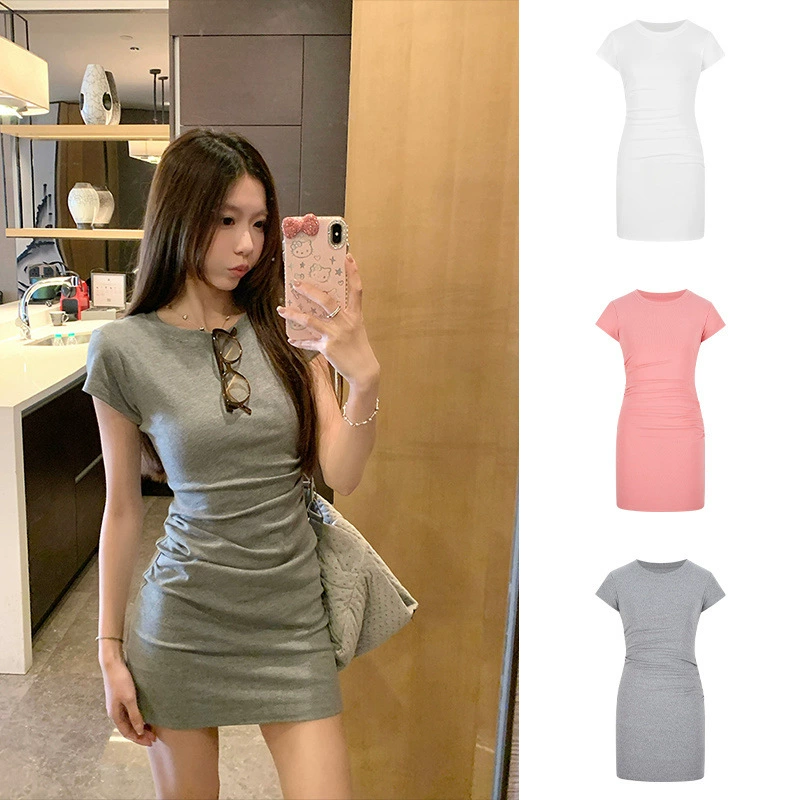 Короткая юбка с круглым вырезом и плиссированной талией, облегающая бедра, базовое платье с короткими рукавами для похудения