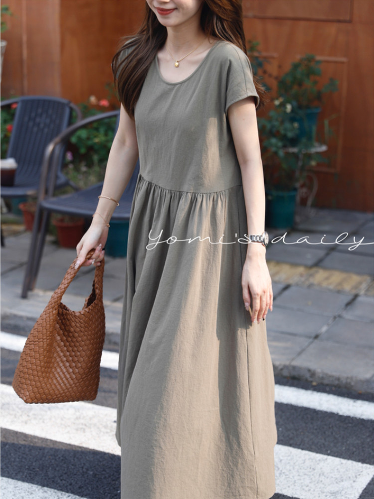 Đầm suông midi cổ tròn tay ngắn chất liệu thun cotton phối ren kiểu Pháp — Váy liền màu kaki
