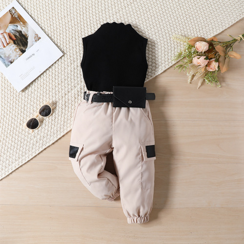 Women's and Girls' Summer Outwear Set , Solid Color Tank Top and Work-style Ankle Pants with Belt + Bags Multi-piece Set
