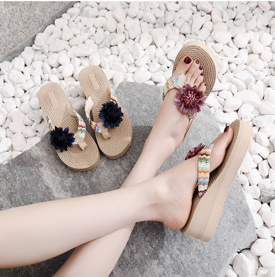 Bohemian Ethnic Style Women's Sandals and Slippers High Height Platform Wedge Thick Flip Flops Beach Sandals
