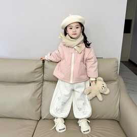 女童冬款套装2023女宝韩版夹棉加绒棉服儿童洋气一体绒卫裤两件套
