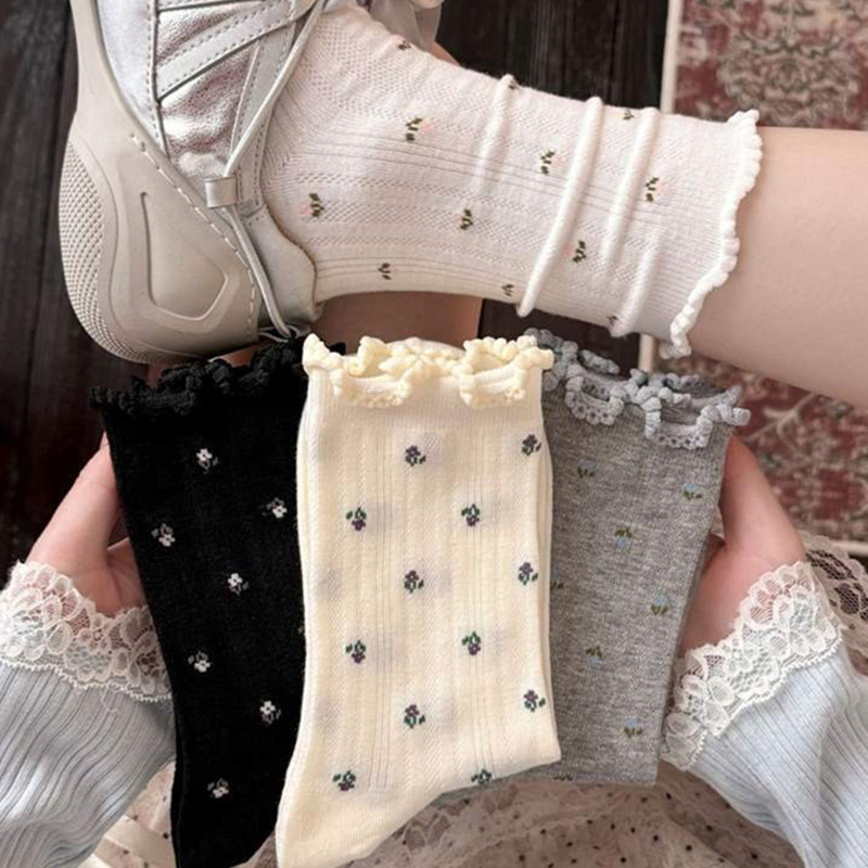 Women's Mid-Calf Socks, Spring and Summer Thin Style, Lace Bubble Edge Student Socks, Black and White Floral Socks, Versatile for Women