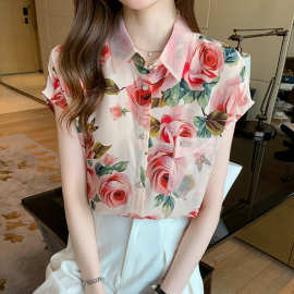 短袖雪纺衬衫女宽松印花小衫法式欧货上衣夏季新款玫瑰花洋气衬衣
