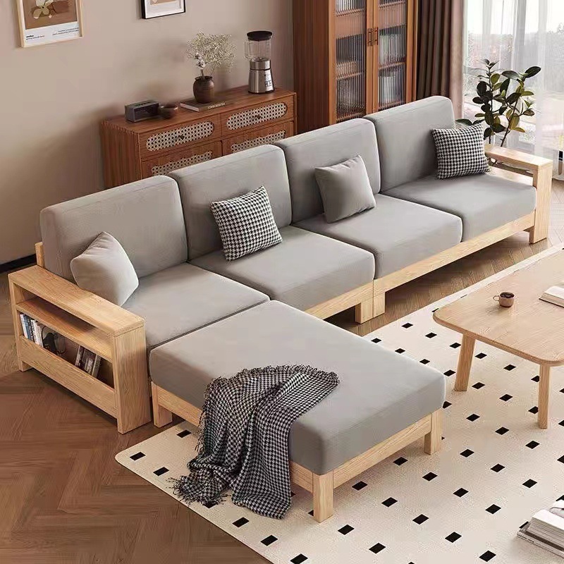 Sofá de madera sólida nórdica sofá de tela de madera de cera blanca simple sala de estar doméstica de madera de madera de tres filas