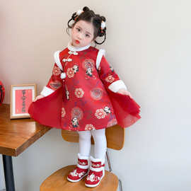 萌糖糖冬季女童中国风拜年服中式儿童加厚汉服旗袍裙女宝宝新年服