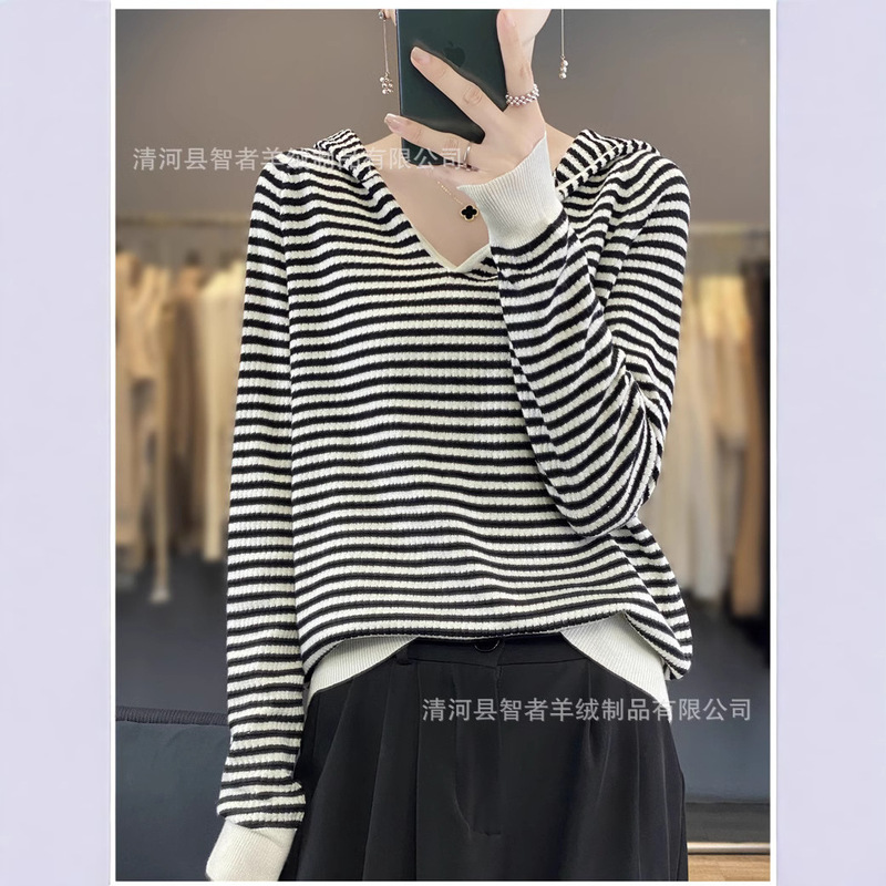 Double-strand worsted fine wool knitted striped hooded bottoming shirt pullover top retro sweater new 24 years all-match