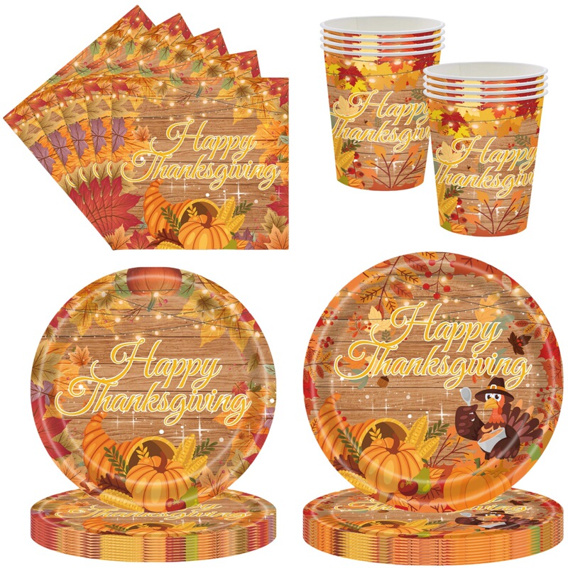 Wood Grain Thanksgiving Party Tableware Maple Leaf Turkey Pumpkin Decoration Disposable Paper Tray Paper Cup Paper Tissue suit